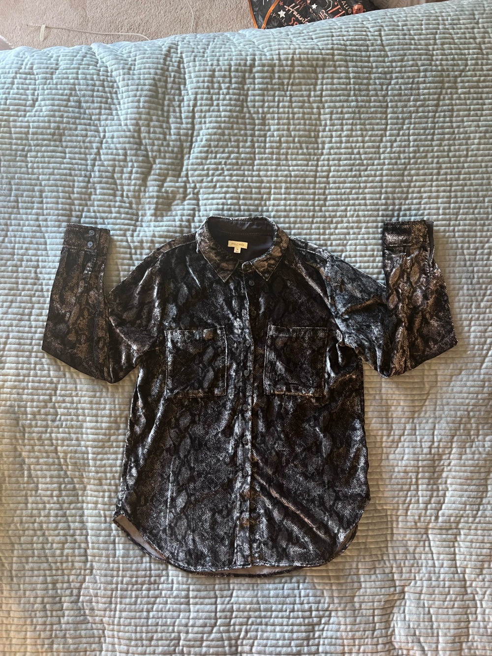 Pilcro Metallic Black Snake-Print Velvet Shirt